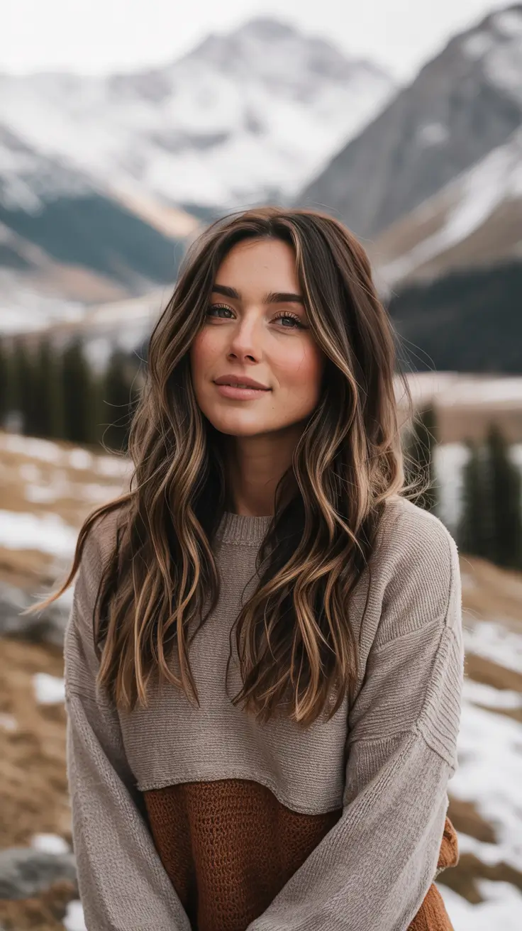 Warm Chestnut Balayage with Natural Waves 2025-2026