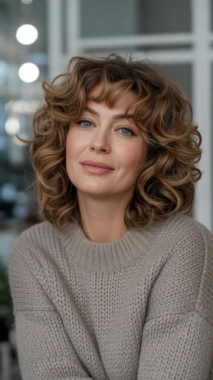 Soft Tousled Curls with Curtain Bangs Women over 40