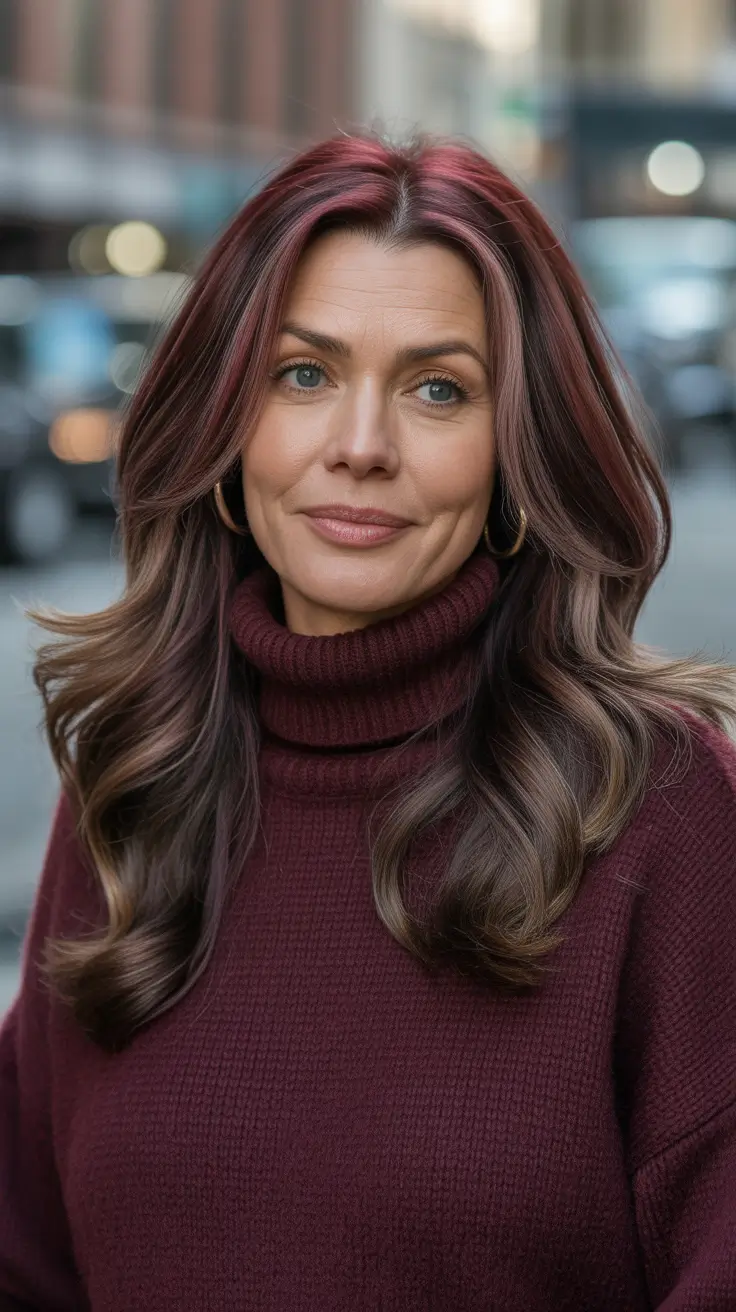 Hairstyles for Women Over 50 Chestnut Waves with Burgundy Hints