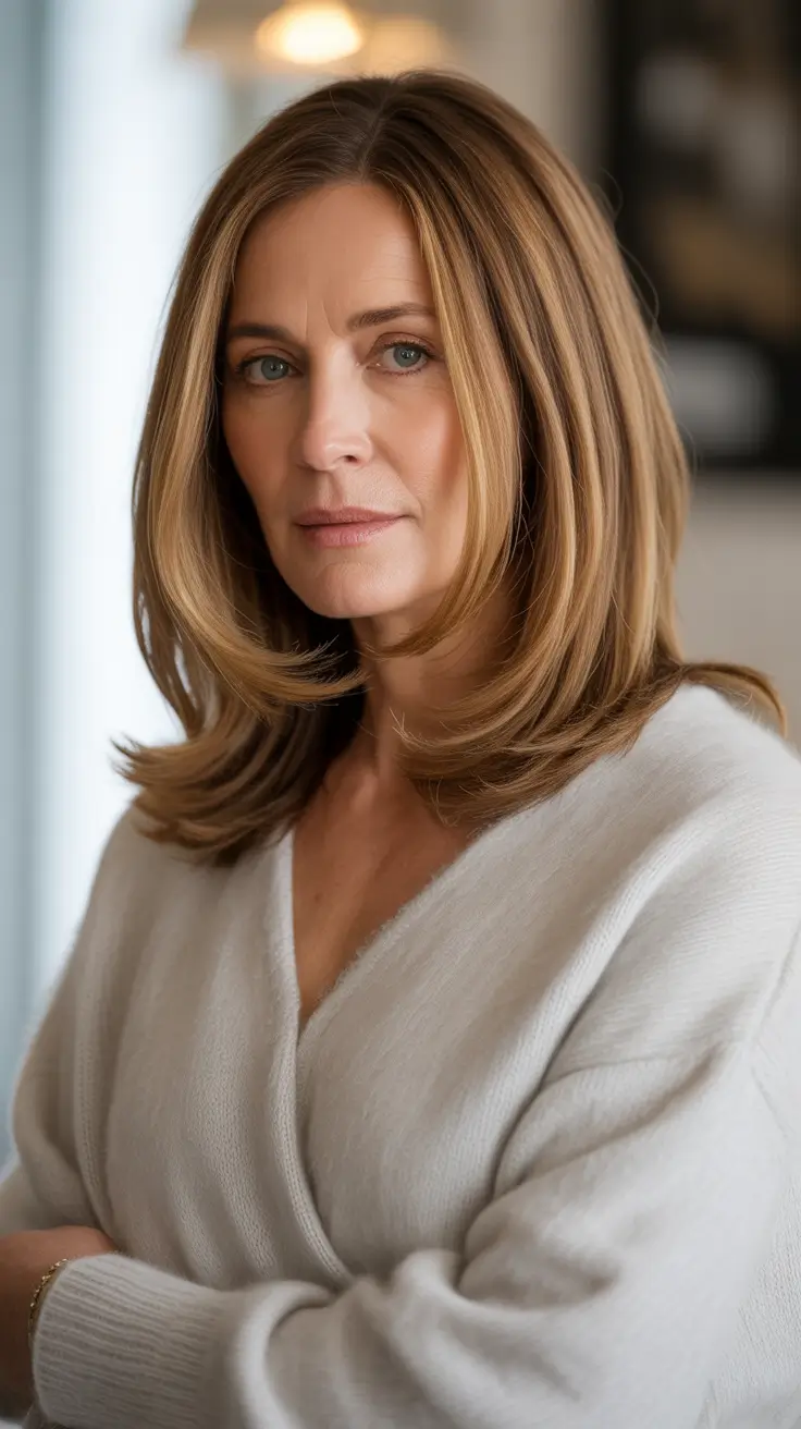 Hairstyles for Women Over 50 Caramel Blonde Layers with a Natural Flow
