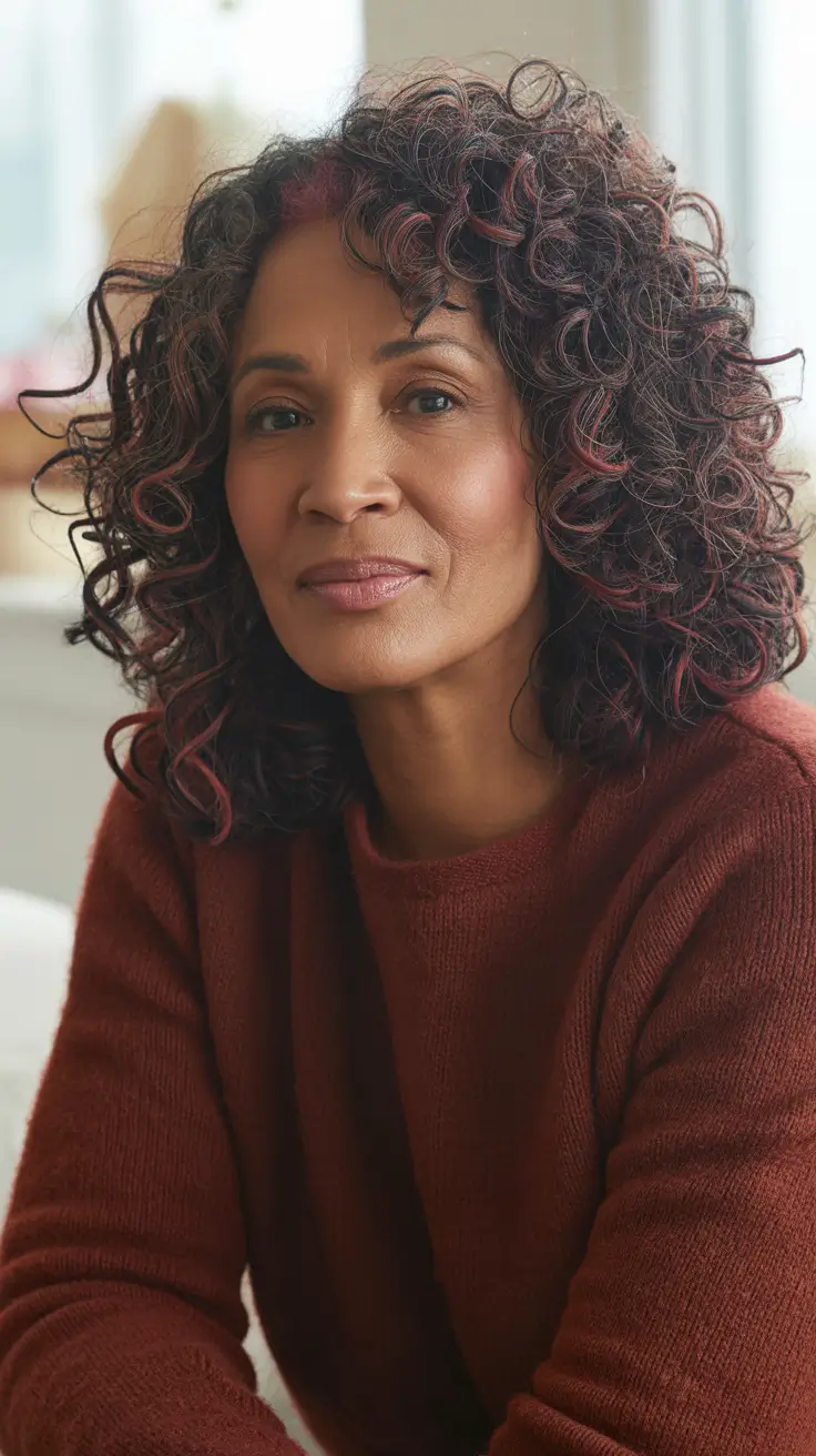 Hairstyles for Women Over 50 Chocolate Curls with Subtle Burgundy Lights