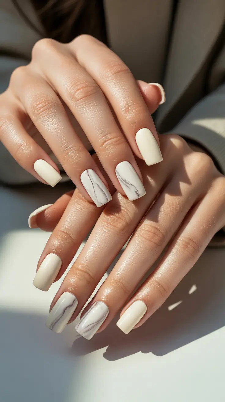 acrylic square classy marble cream winter nails