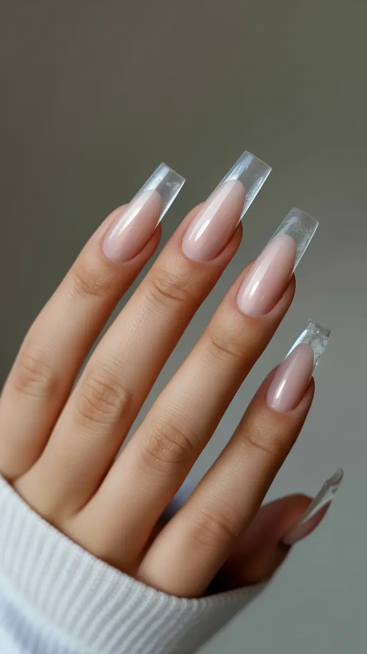 simple easy acrylic almond short clear tips crystal winter nails