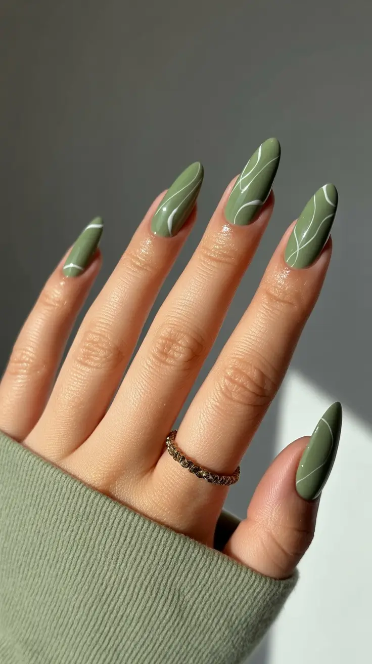 green almond shape elegant olive serenity swirls winter nails