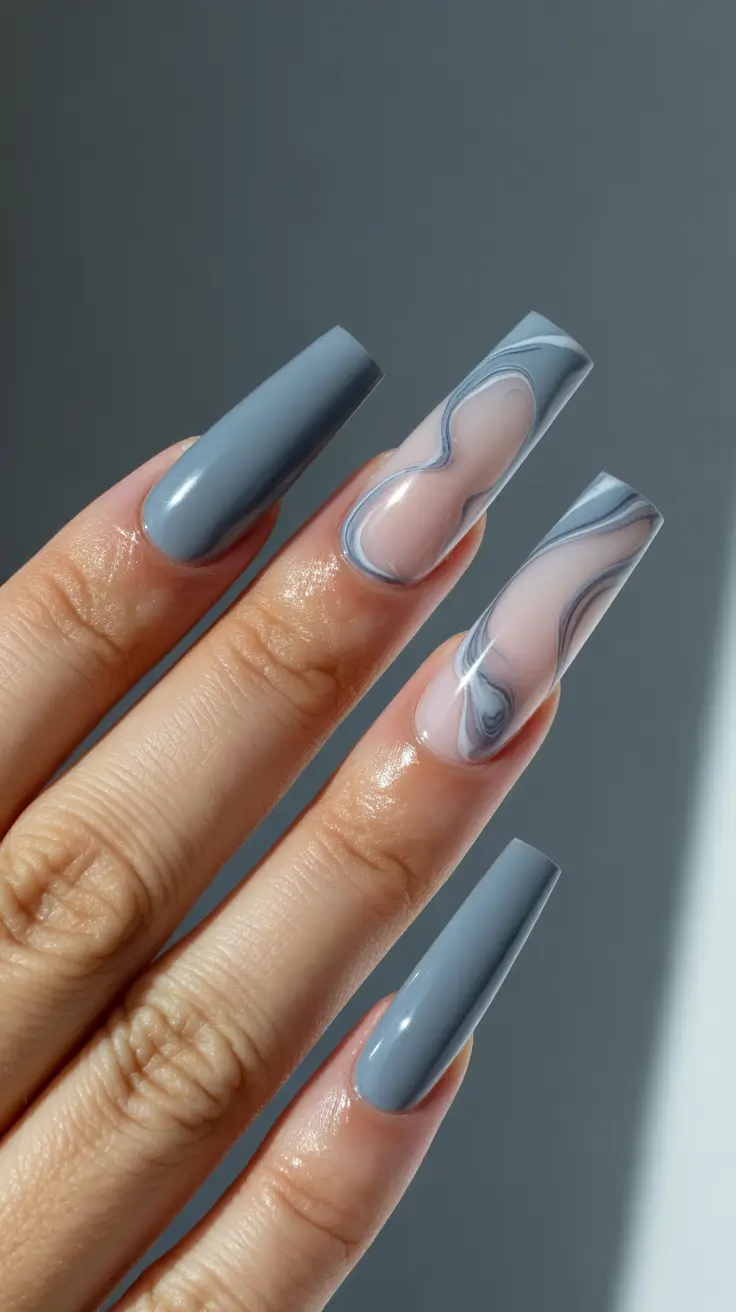 dark acrylic square marble storm winter nails