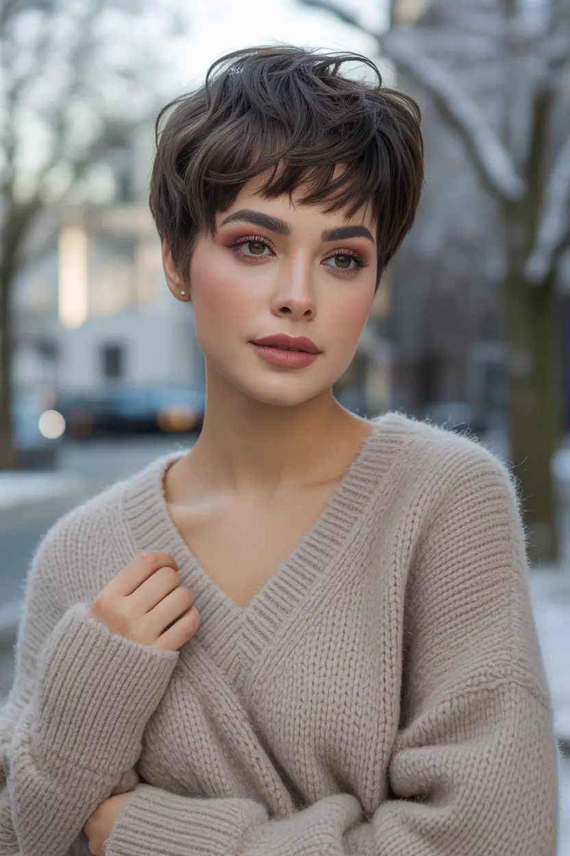 Longer Thick Hair Chocolate Pixie with Airy Layers