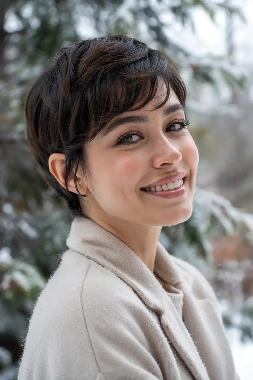 Short Brunette Layered Pixie Soft Winter Style