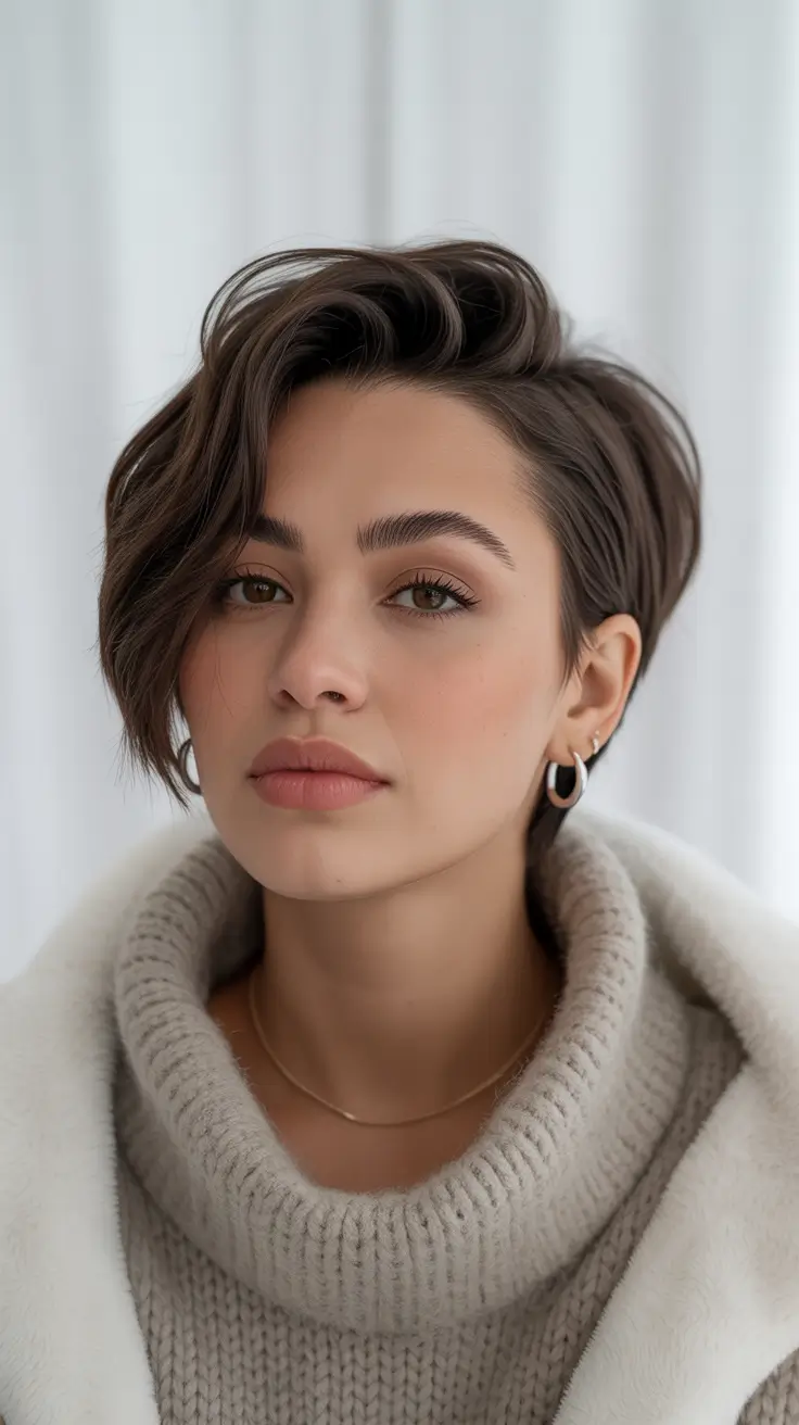 Short Brunette Side Swept Pixie Classic Winter Style