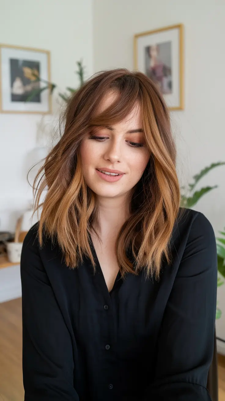 Balayage hair color ideas 2026 Bronzed Balayage with Curtain Bangs