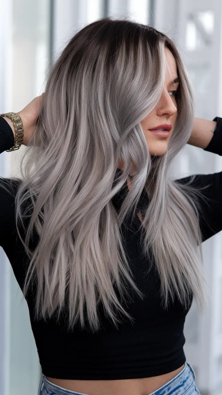 Balayage hair color ideas 2026 Shadowed Silver Melt