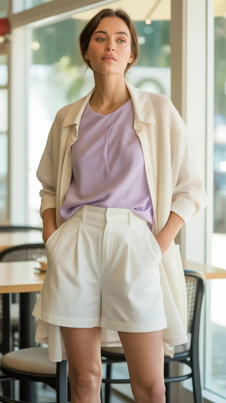 brunch outfits 2026 - Lavender Softness With Tailored White Shorts