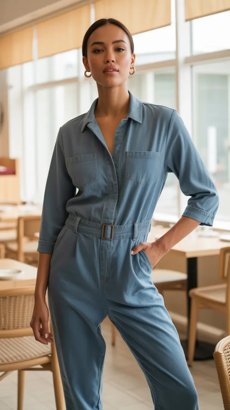 brunch outfits 2026 - Utility Chic in a Belted Denim Jumpsuit