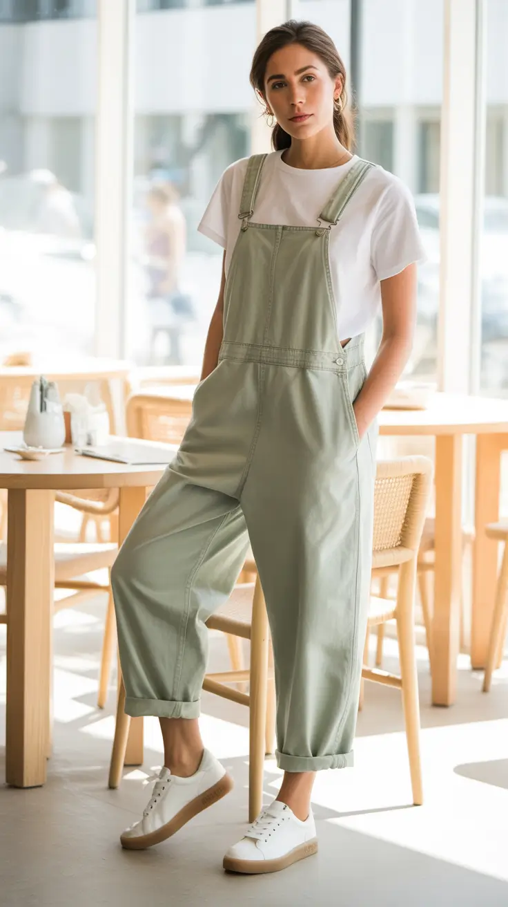 brunch outfits 2026 - Relaxed Sage Overalls With a Crisp White Tee