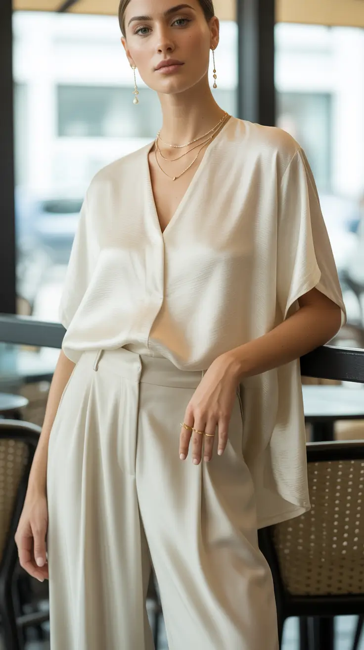 brunch outfits 2026 - Creamy Satin and Flowing Trousers
