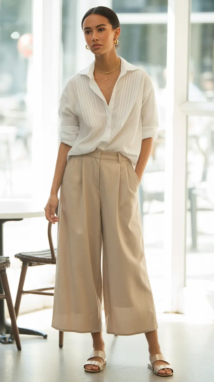 brunch outfits 2026 - Wide-Leg Neutrals With a Crisp White Shirt
