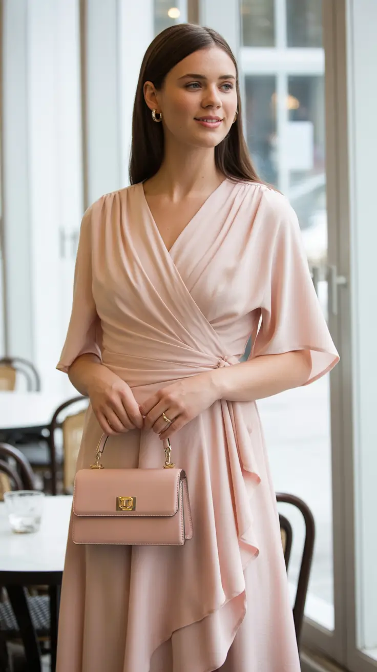 brunch outfits 2026 - Soft Blush Wrap Dress for a Feminine Brunch Moment
