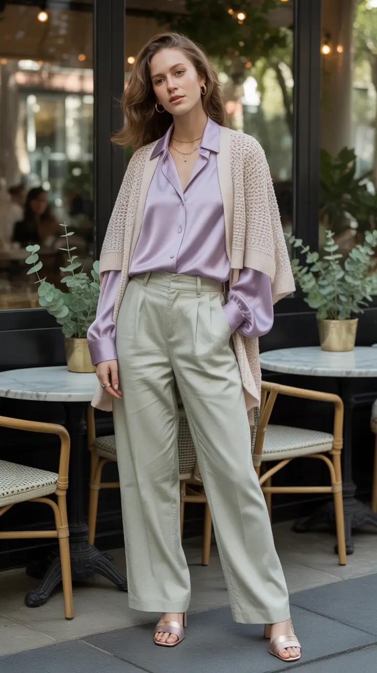 brunch outfits 2026 - Lilac Satin With a Textured Cardigan