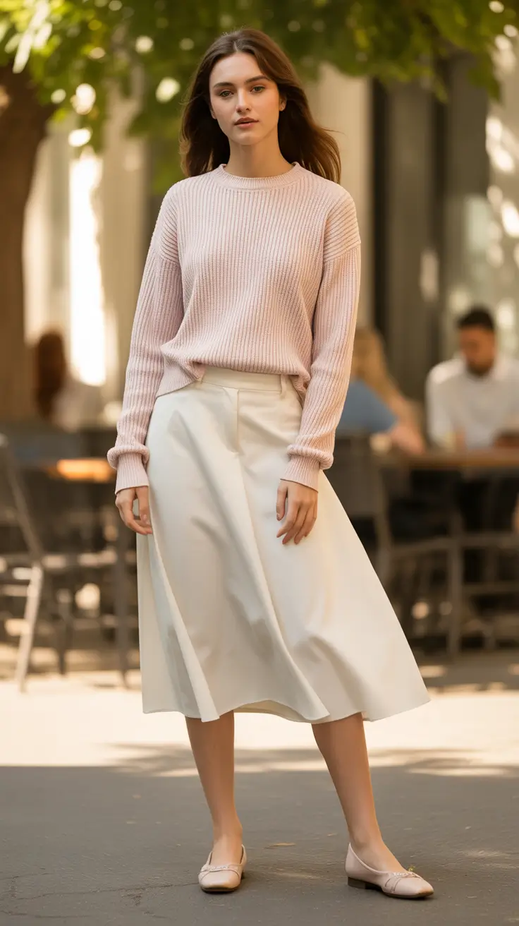 brunch outfits 2026 - Soft Pink Knit and a Flowing Cream Skirt