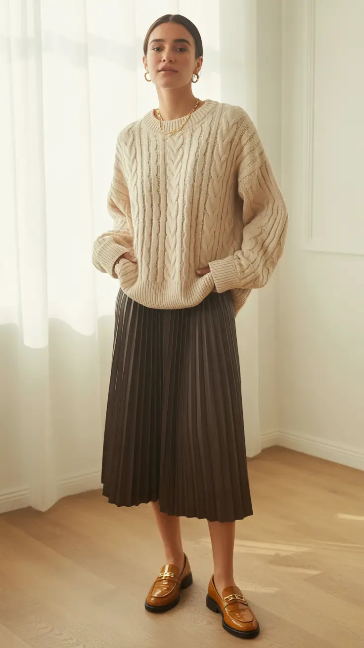 brunch outfits 2026 - Chunky Cable Knit With a Pleated Midi