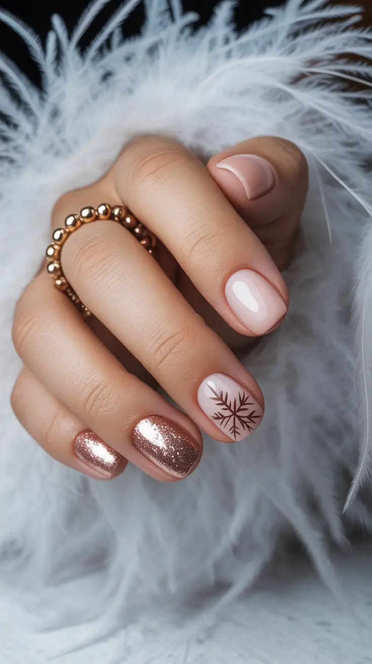 Christmas Nail Art 2025 Rose Gold Snowflake Chic