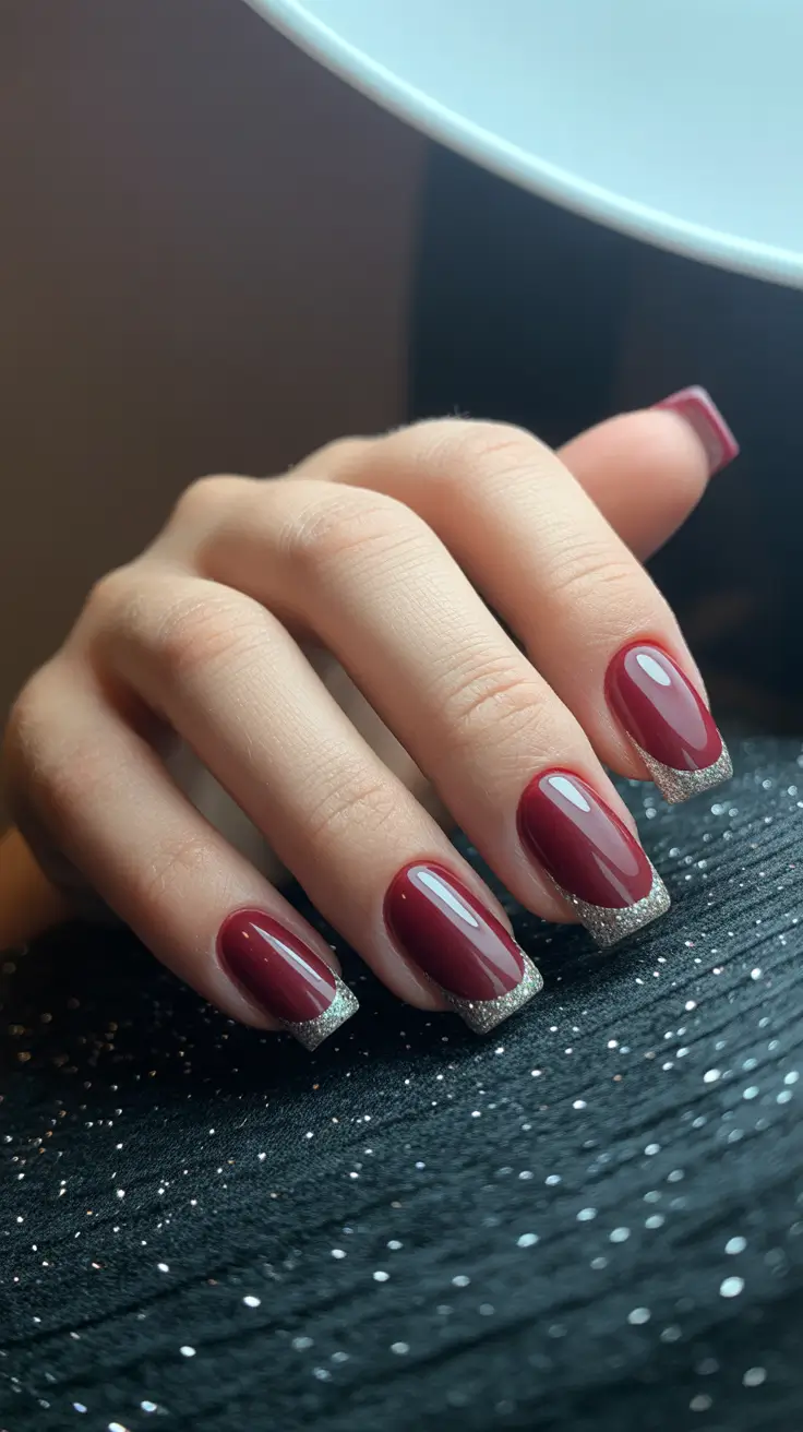 Christmas Nail Art 2025 Garnet Glamour with Silver Tips
