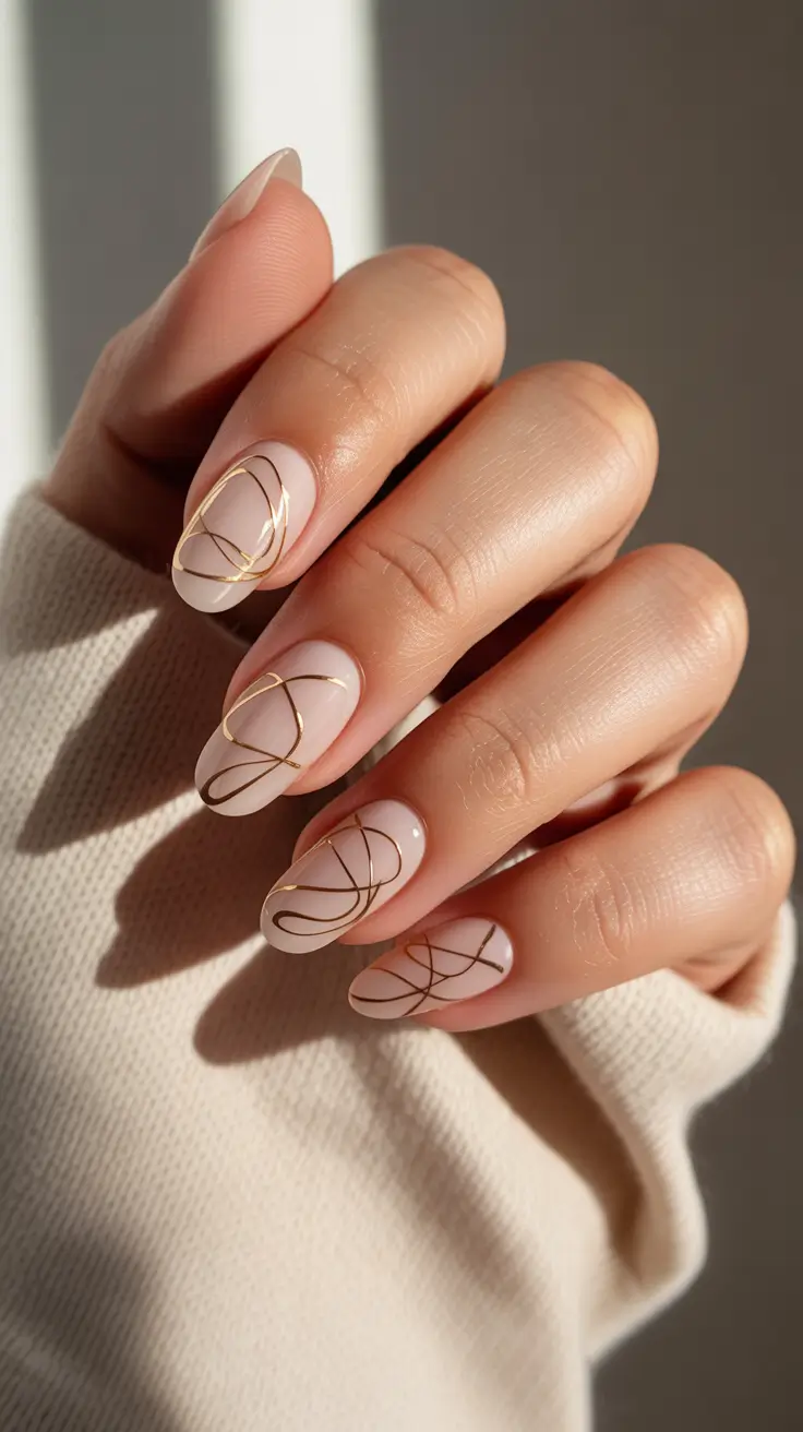 Christmas Nail Art 2025 Golden Lines on Nude Perfection