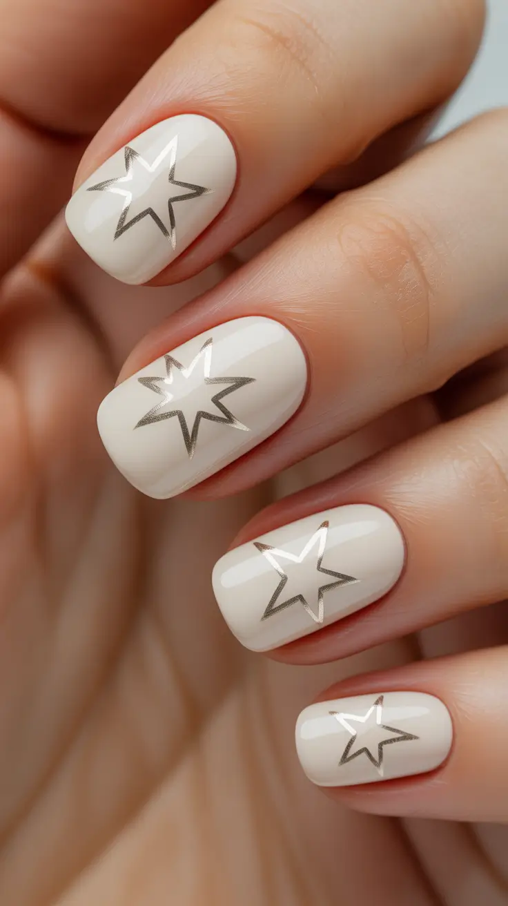 Christmas Nail Art 2025 Celestial White with Silver Stars