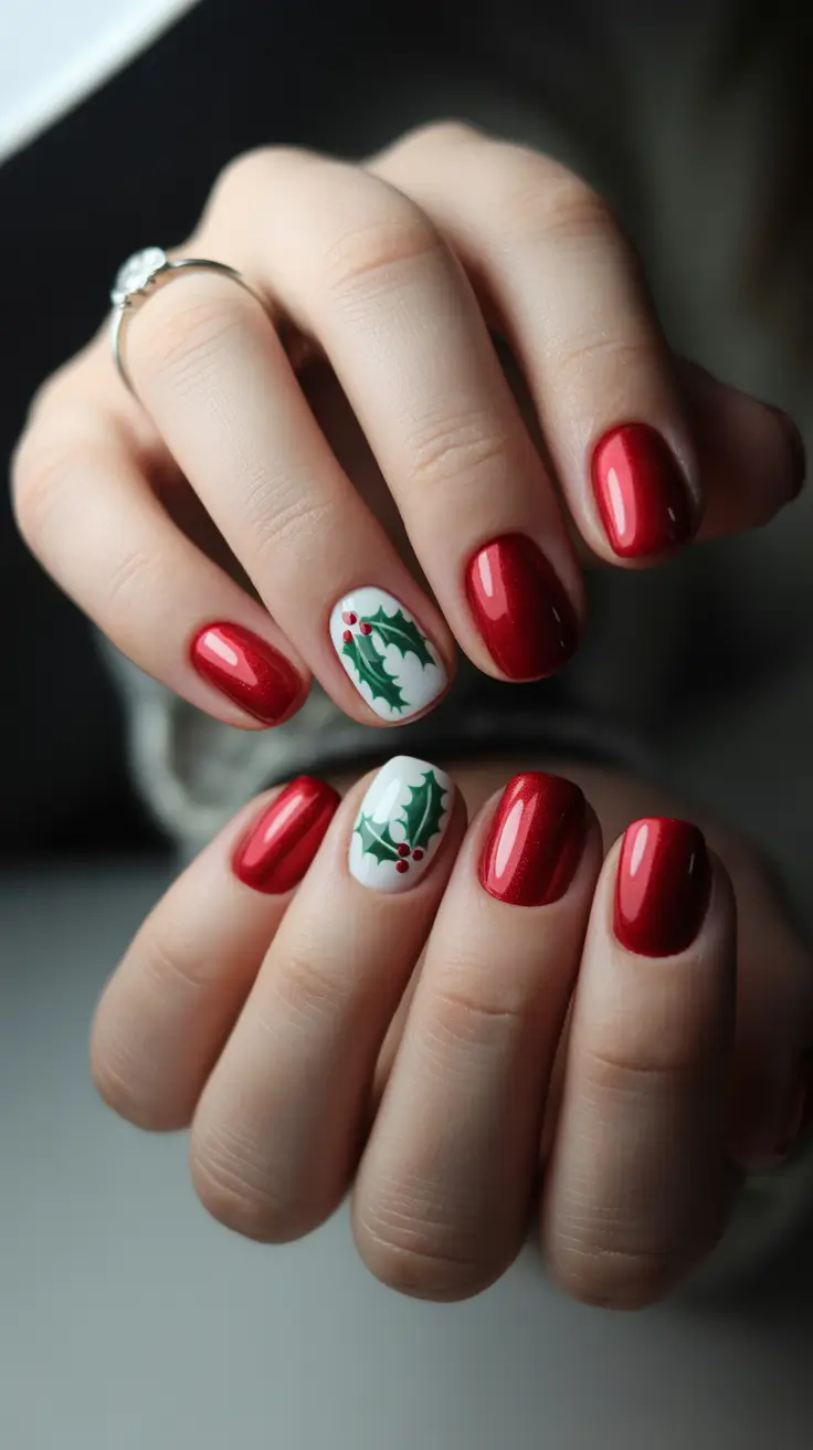 Christmas Nail Art 2025 Holly Accent on Classic Red
