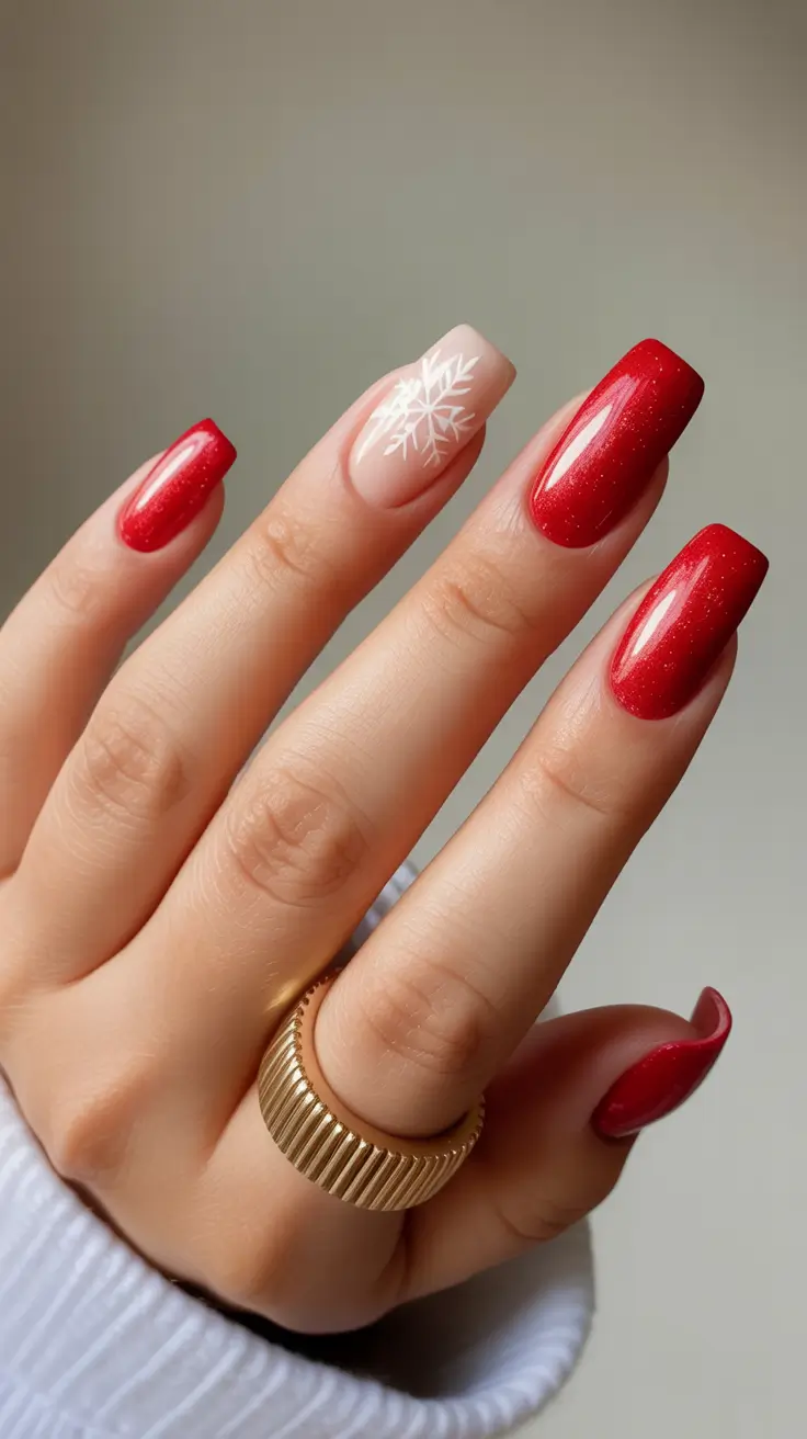 red holiday gel snowflake nail design 2025