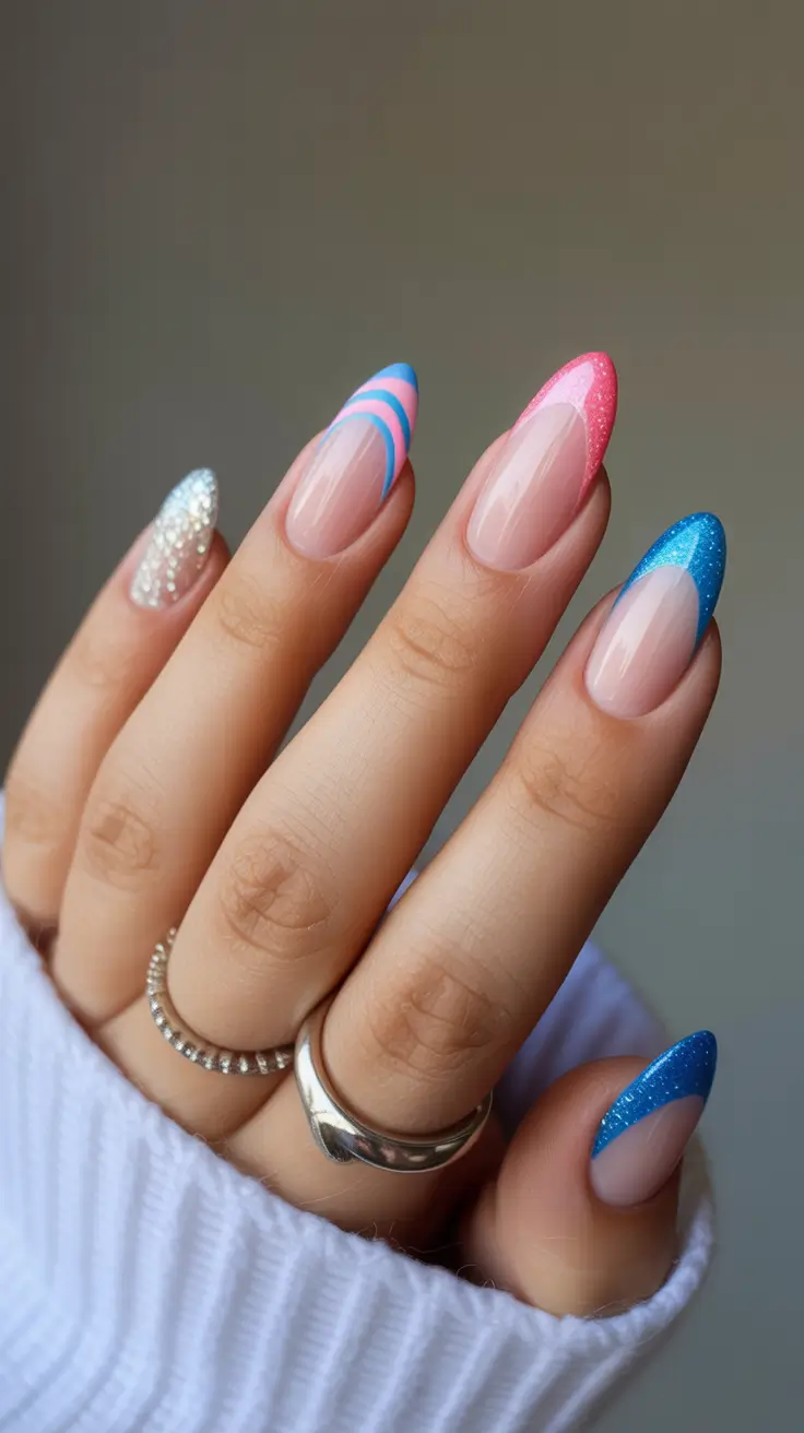 blue pink silver holiday almond shape nail ideas 2025