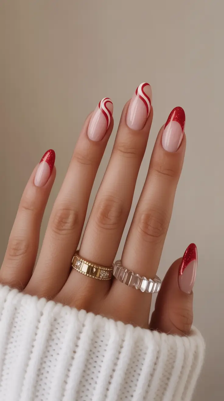 red swirl holiday nail design 2025