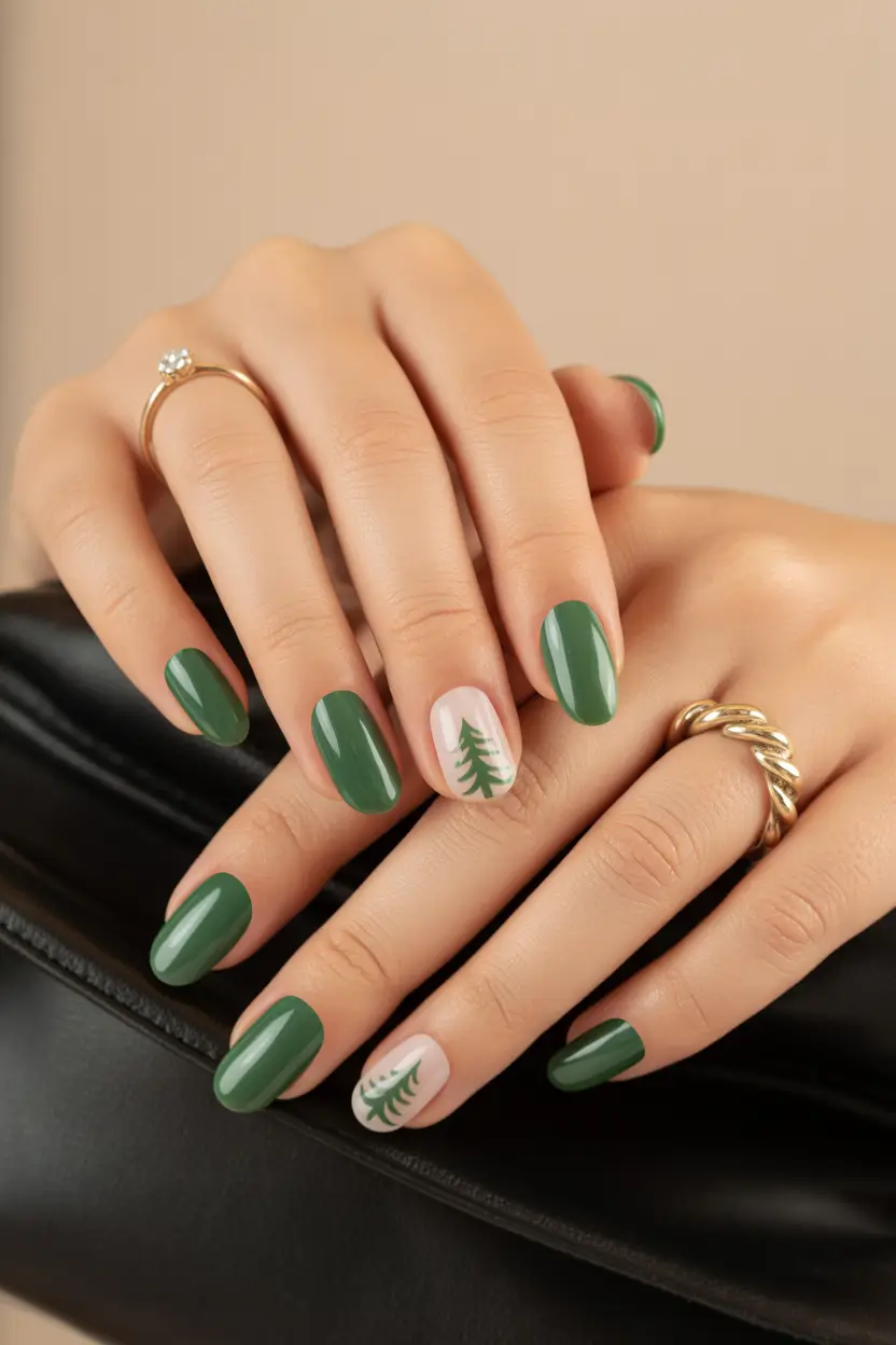green white holiday evergreen nail design 2025
