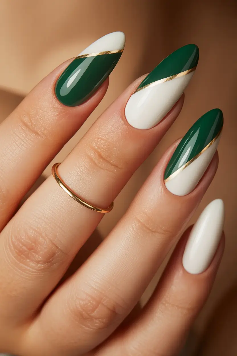 green white gold almond shape nail design 2025