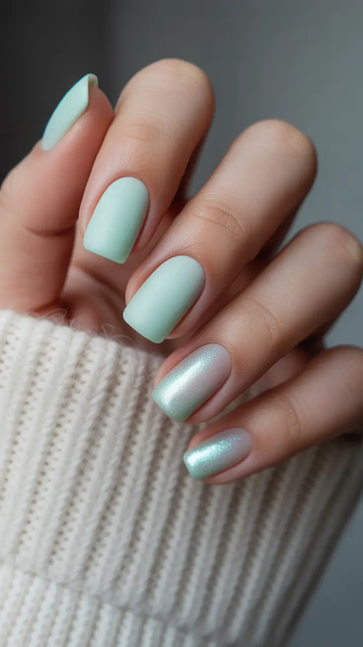 mint blue green matte glitter holiday nail design 2025