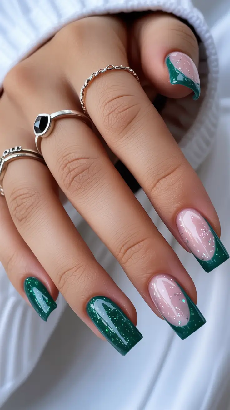 green glitter french holiday nail ideas 2025