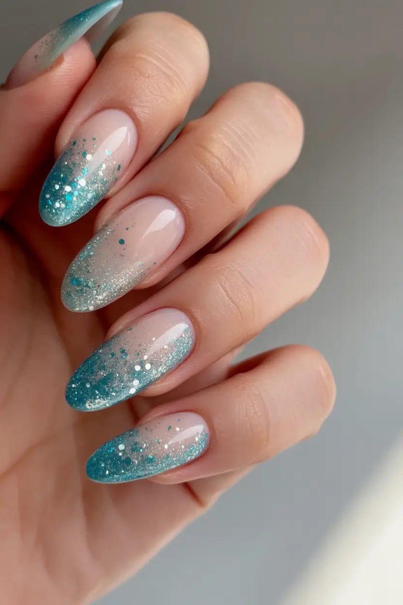 blue glitter ombre holiday nail ideas 2025