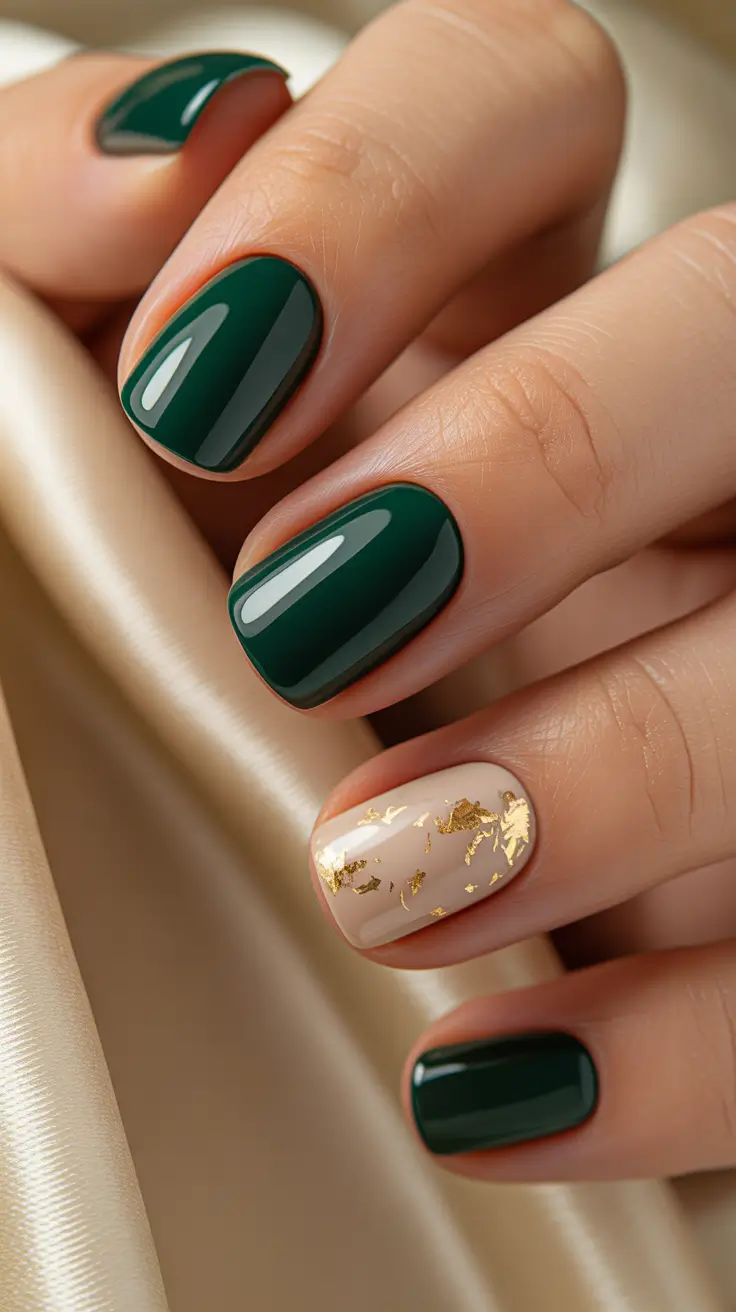 dark green gold holiday nail design 2025