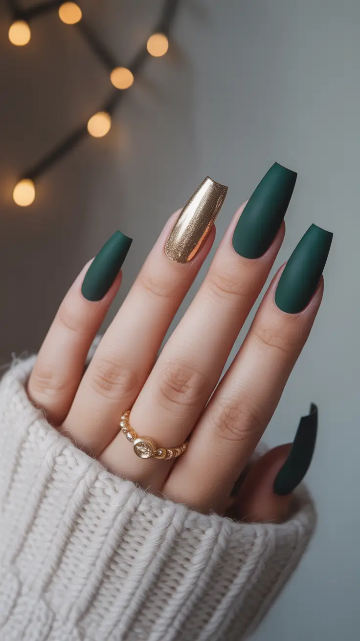almond shape green and gold holiday nail ideas 2025