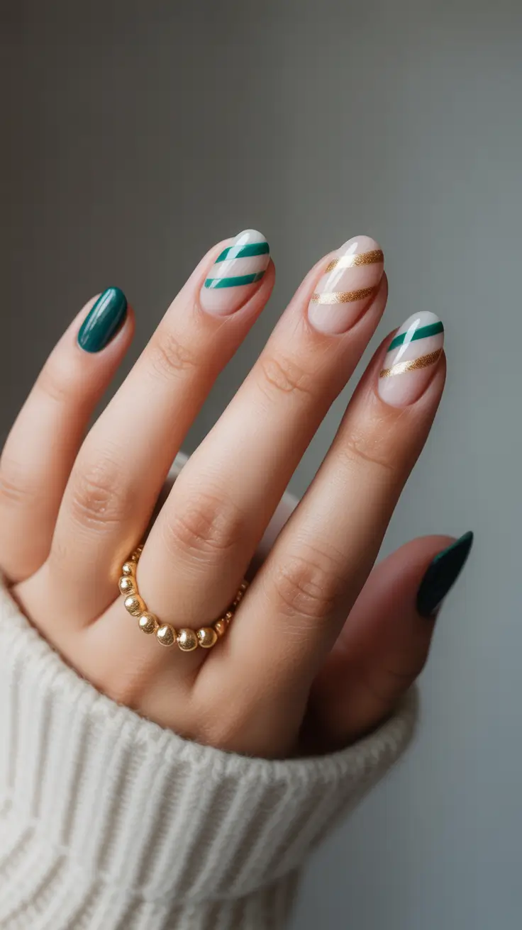 green gold striped holiday nail ideas 2025