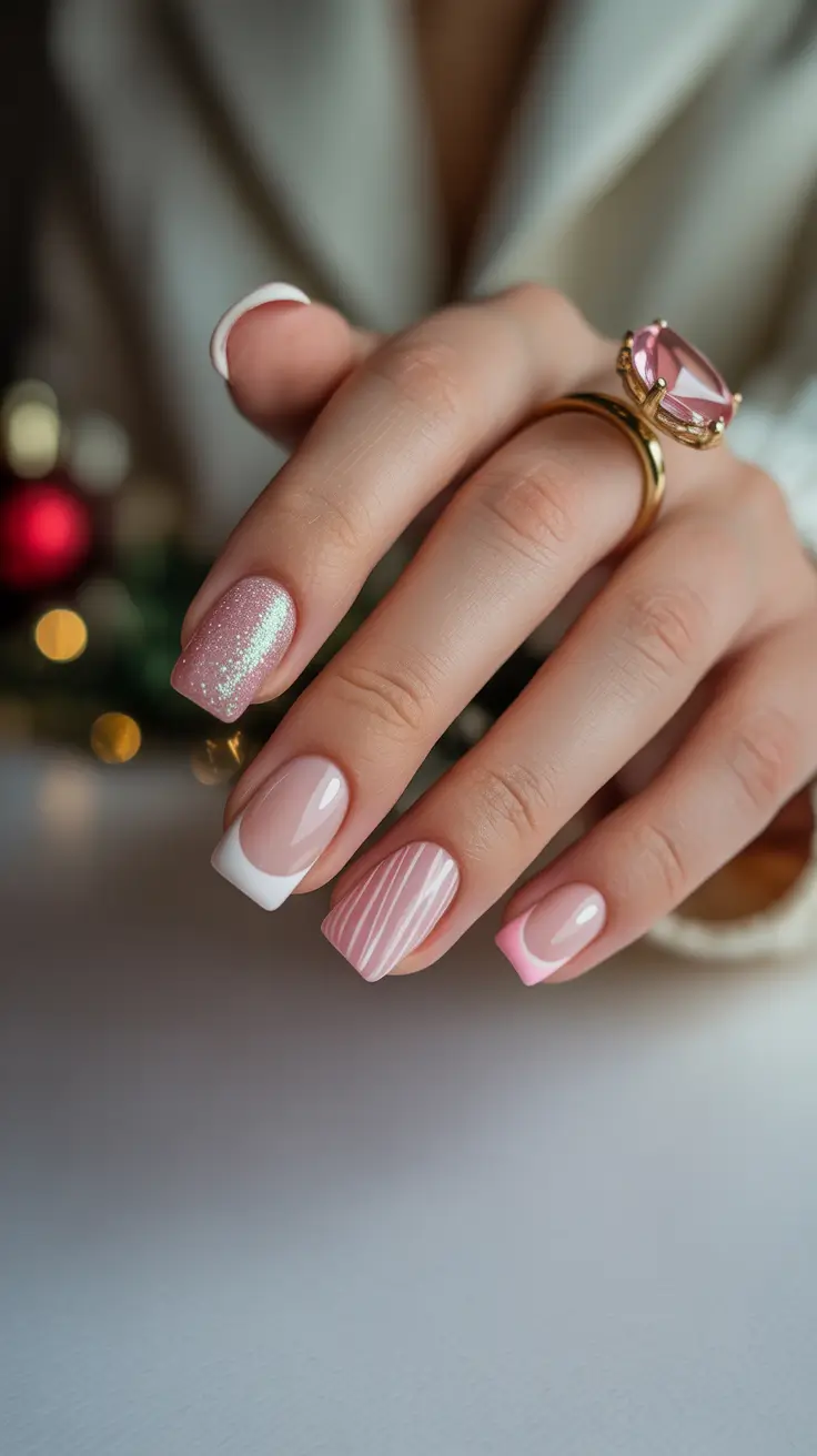 pink white glitter holiday nail design 2025