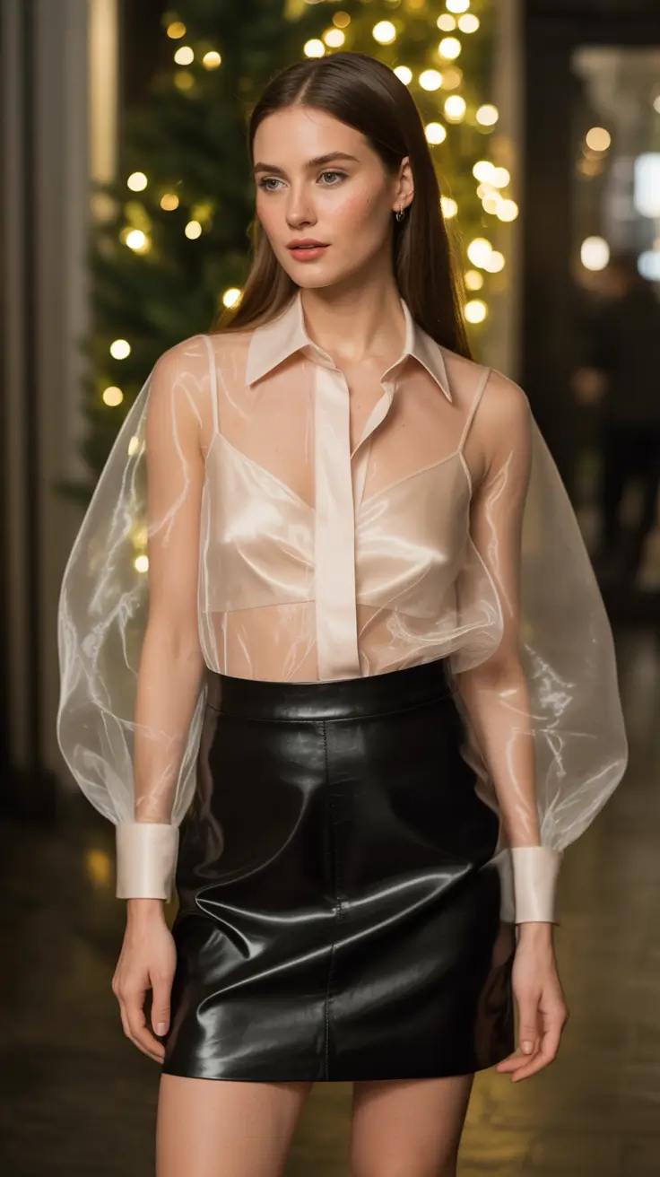 Chic Transparency: The Sheer Blouse and Leather Mini 2025