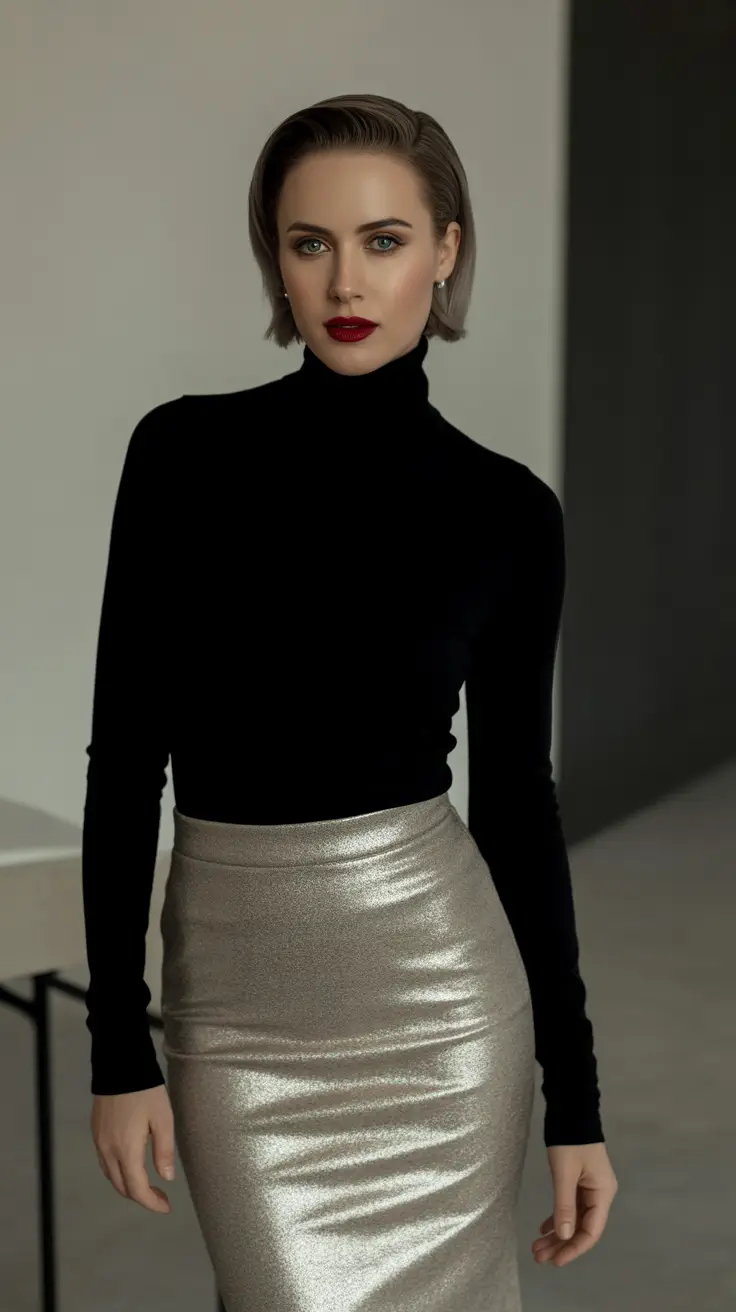 Golden Hour Glam: The Black Turtleneck and Metallic Skirt 2025