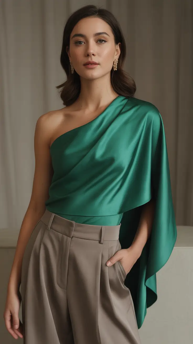 Emerald Edge: The One-Shoulder Satin Top 2025