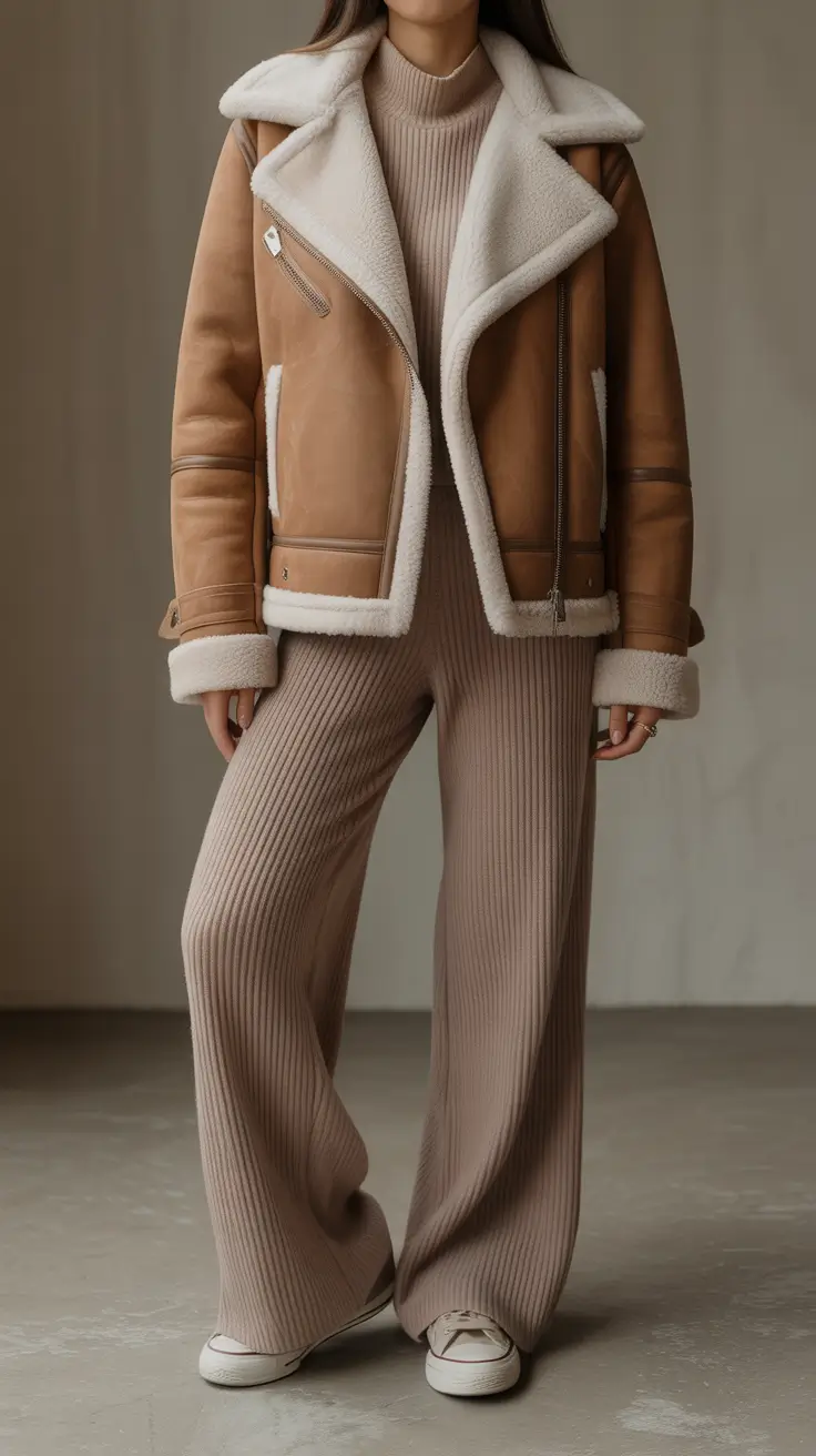 Cozy Elegant cold weather outfits 2026 Shearling and Knit Harmony