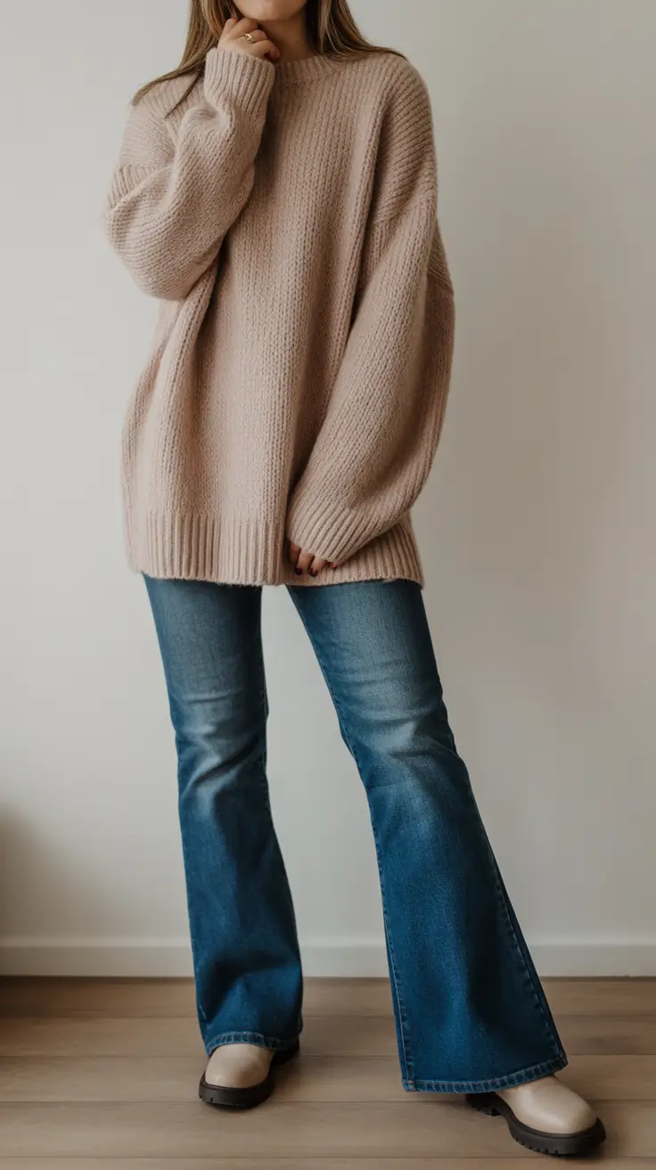 Casual Elegant cold weather outfits 2026 Soft Denim and Chunky Knits