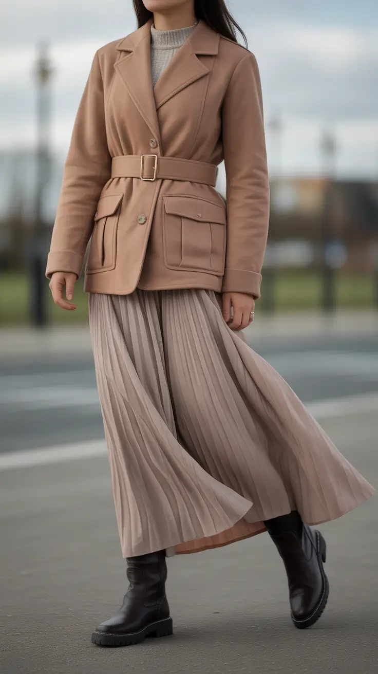 Work Elegant cold weather outfits 2026 Tailored Layers with a Flowing Twist