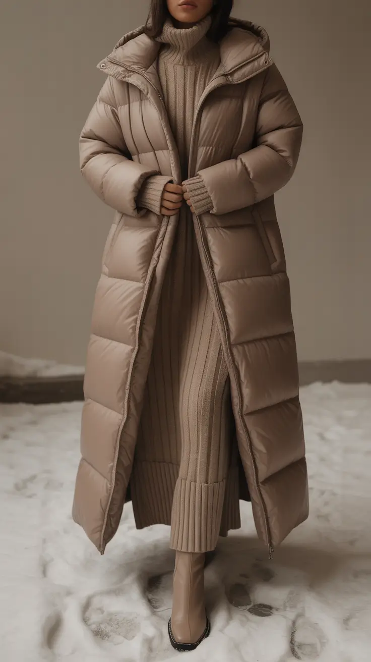 Winter freezing Elegant cold weather outfits 2026 The Quilted Maxi for Winter Grace