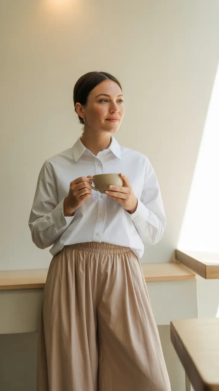classy basic button down and flowy pants comfy outfit
