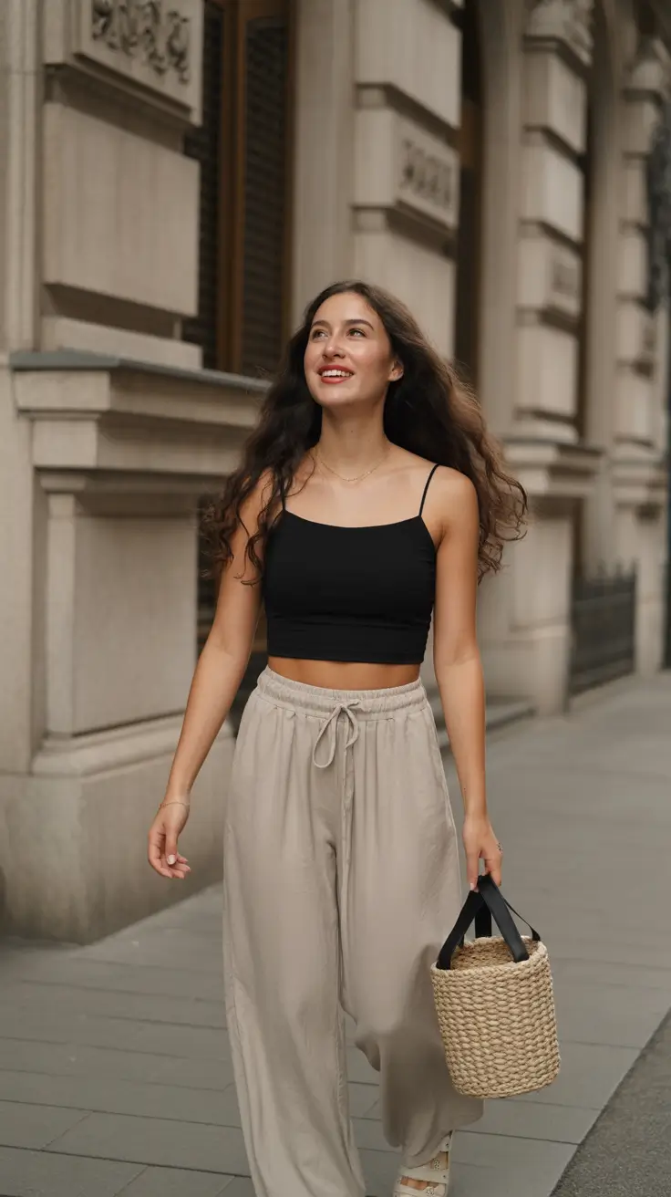 urban neutral ease black crop top beige pants comfy outfit