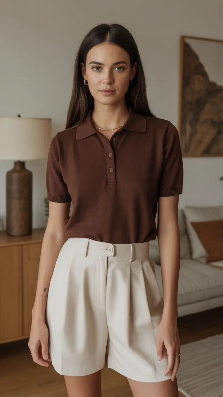 classy brown polo cream shorts comfy outfit